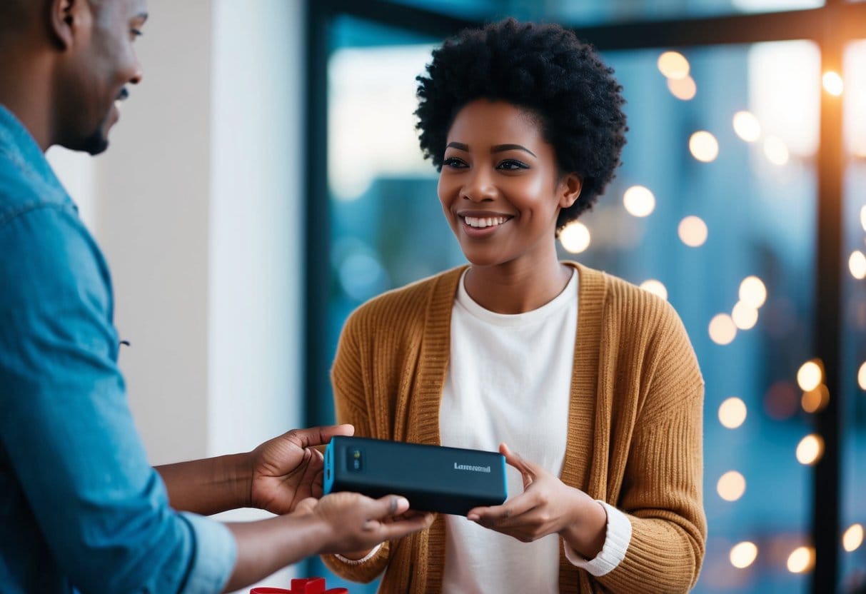 En 25 år gammel modtager en powerbank som gave smilende og takker giveren